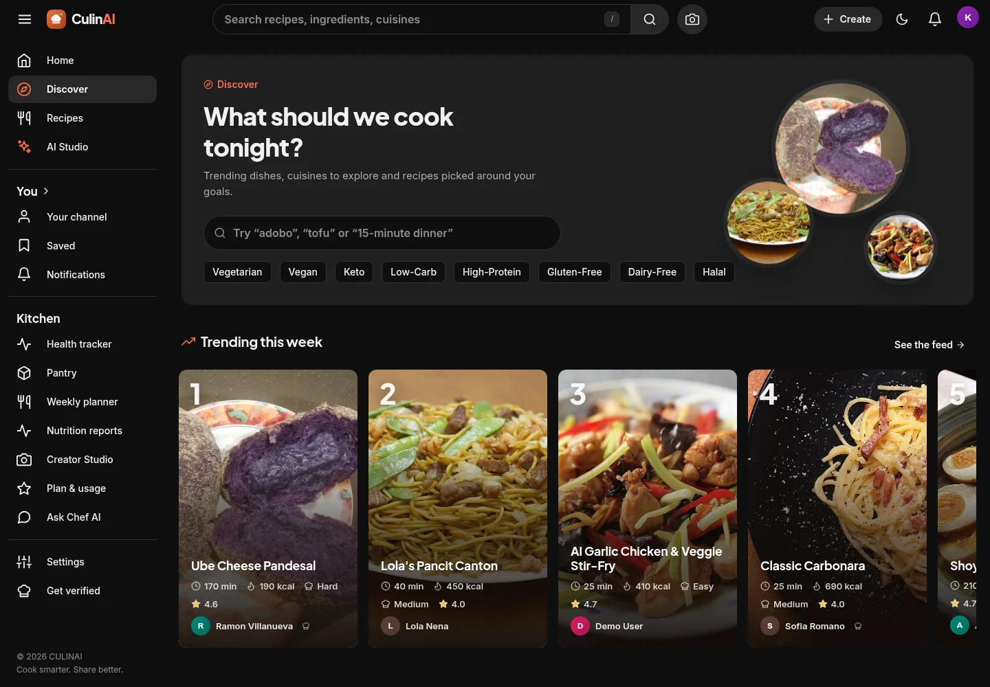 CulinAI Discover desktop page in dark mode showing recipes and cuisine discovery