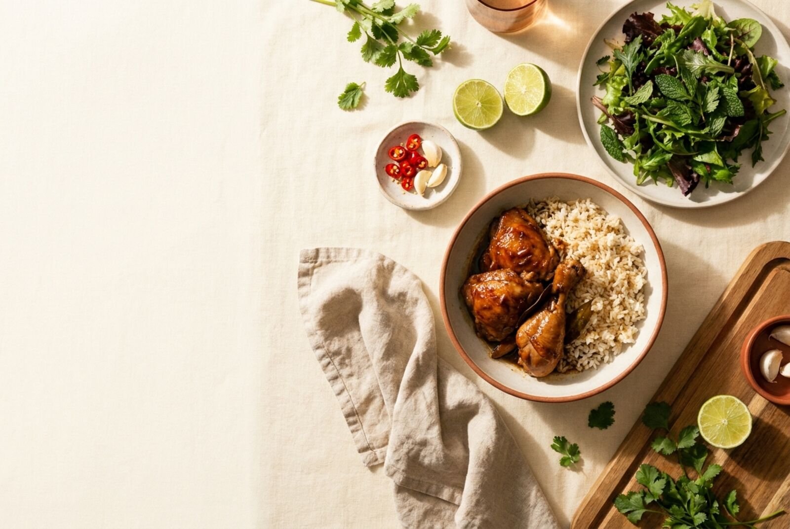 An overhead view of a table of colourful home-cooked dishes